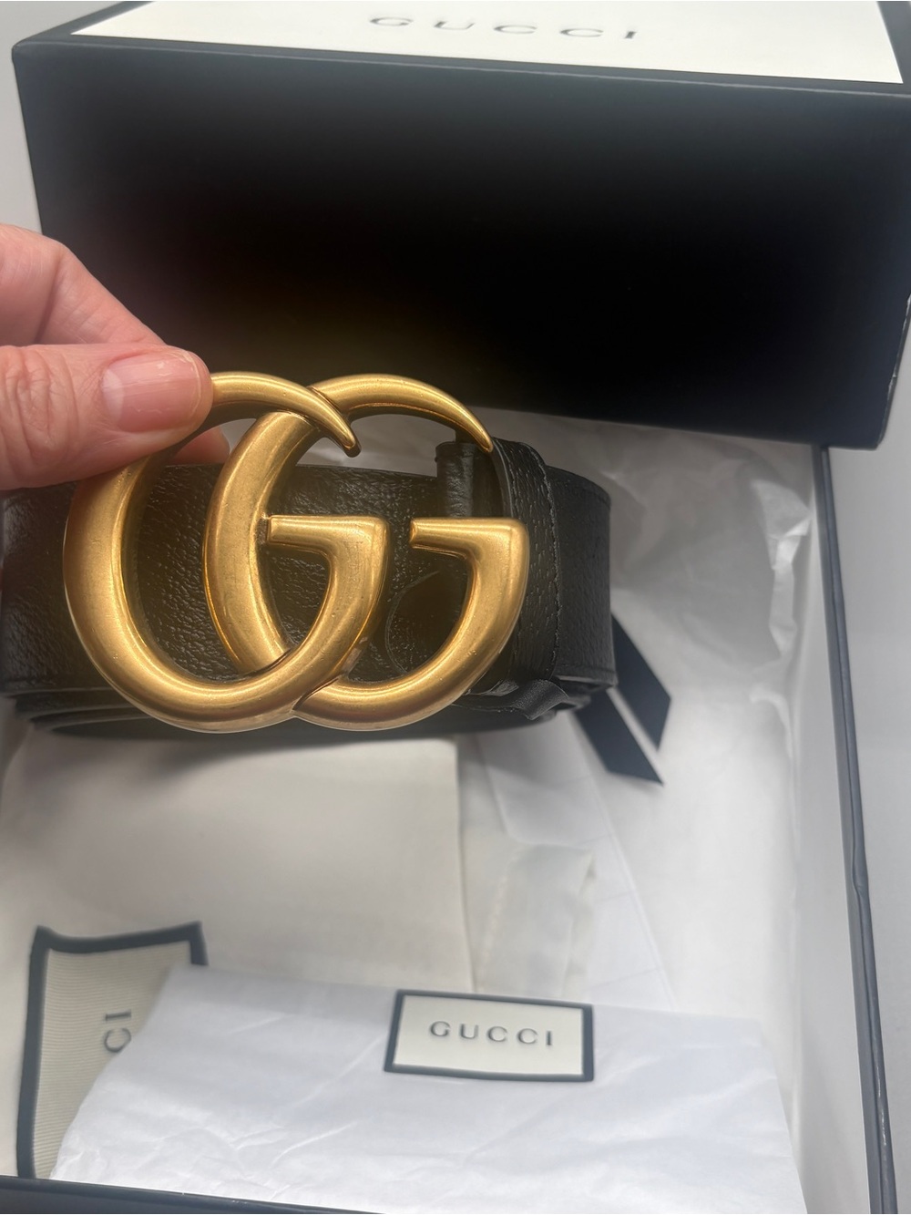 Gucci GG Marmont Wide Black Leather Belt Gold Buckle Size 90/35